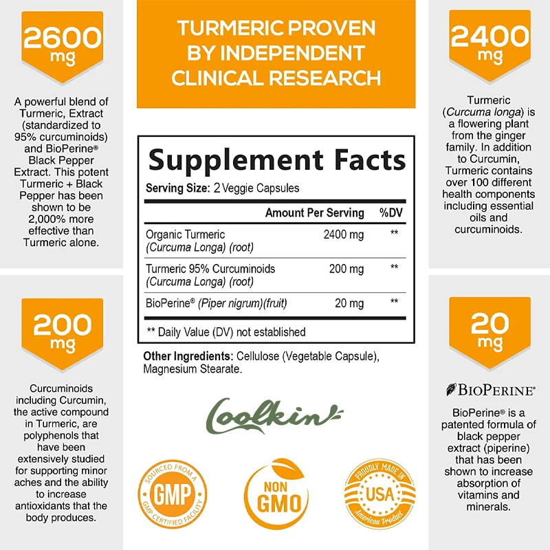 흑후추 함유 커큐민 보충제 2600mg, 95% 커큐민 - Turmeric Curcumin Capsule 리뷰 및 가격